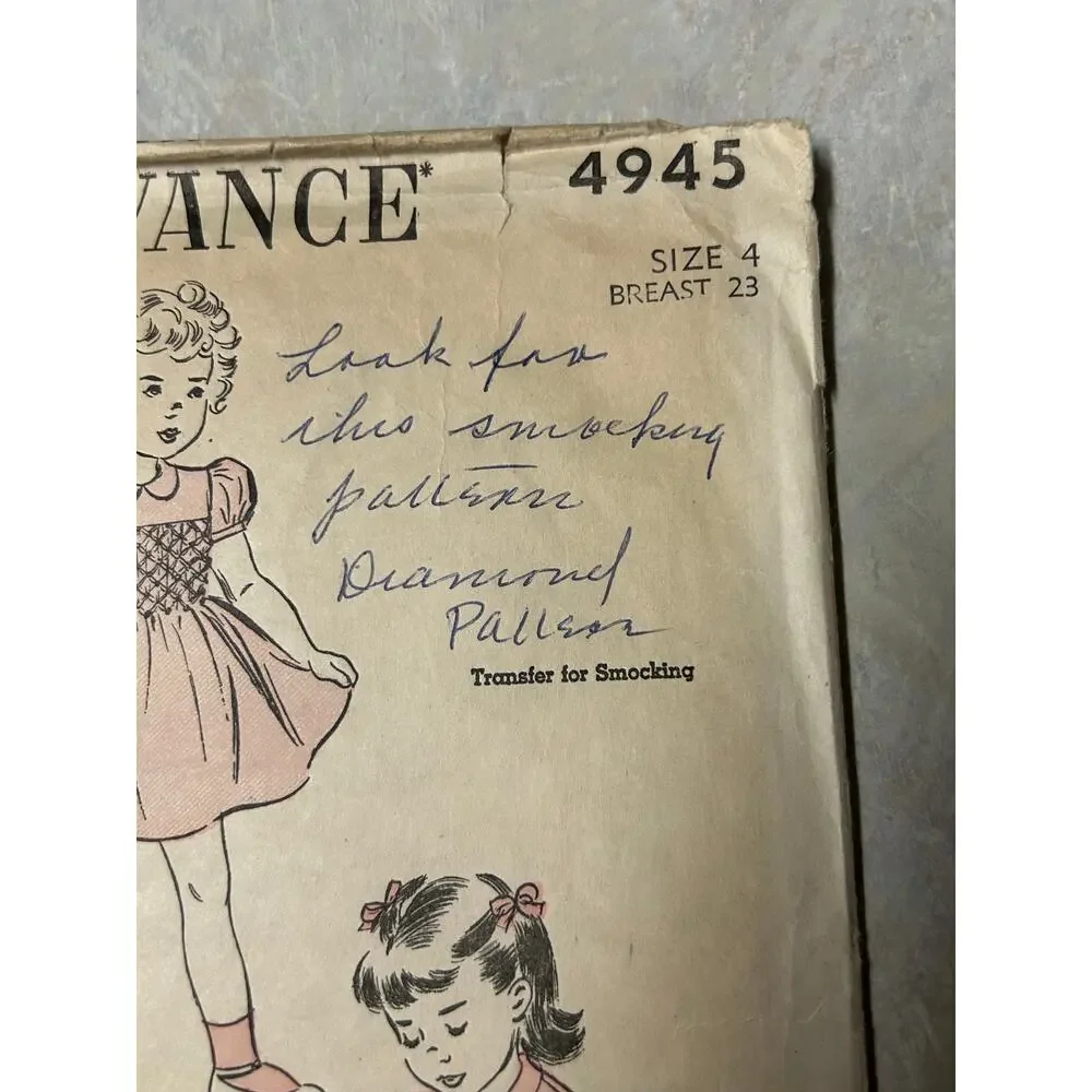 Vintage 1948 Advance Pattern #4945 Toddler Girls Smocked Dress Size‎ 4